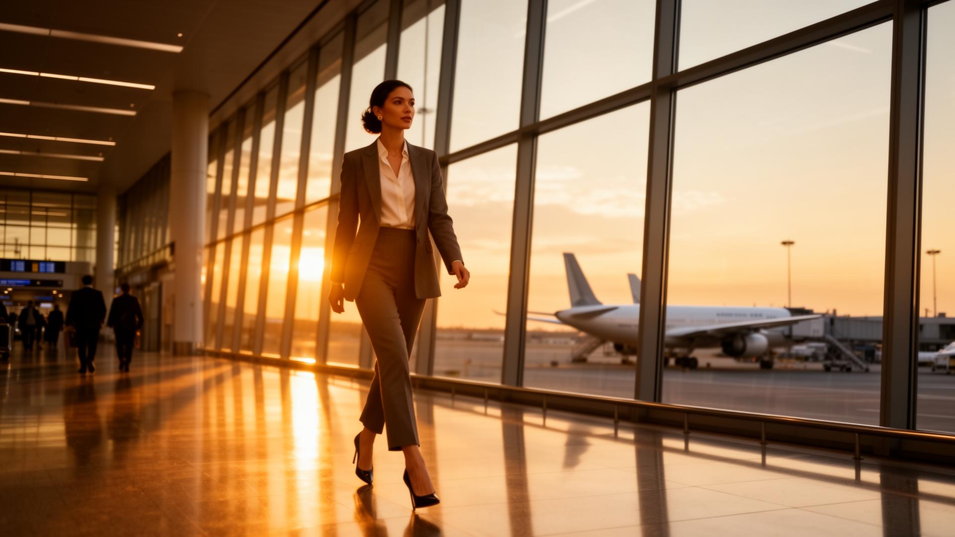 Business traveler walking through a modern airport terminal at sunset