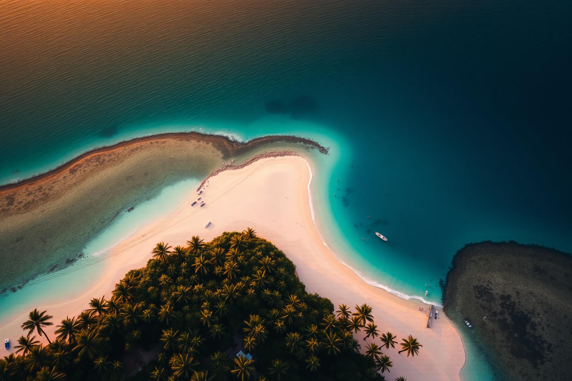 Aerial view of a tropical island with turquoise water and palm trees at golden hour