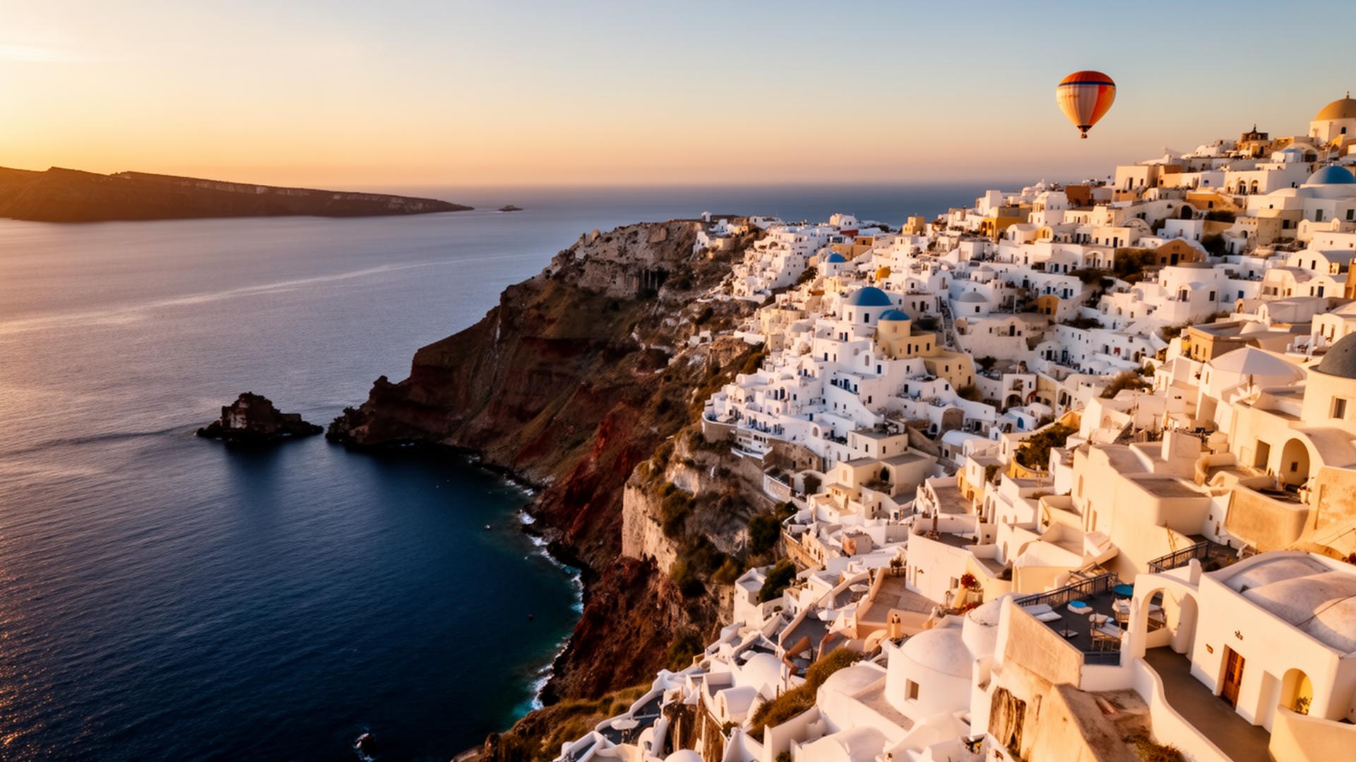 Aerial view of Santorini's white villas above the deep blue Aegean at sunset